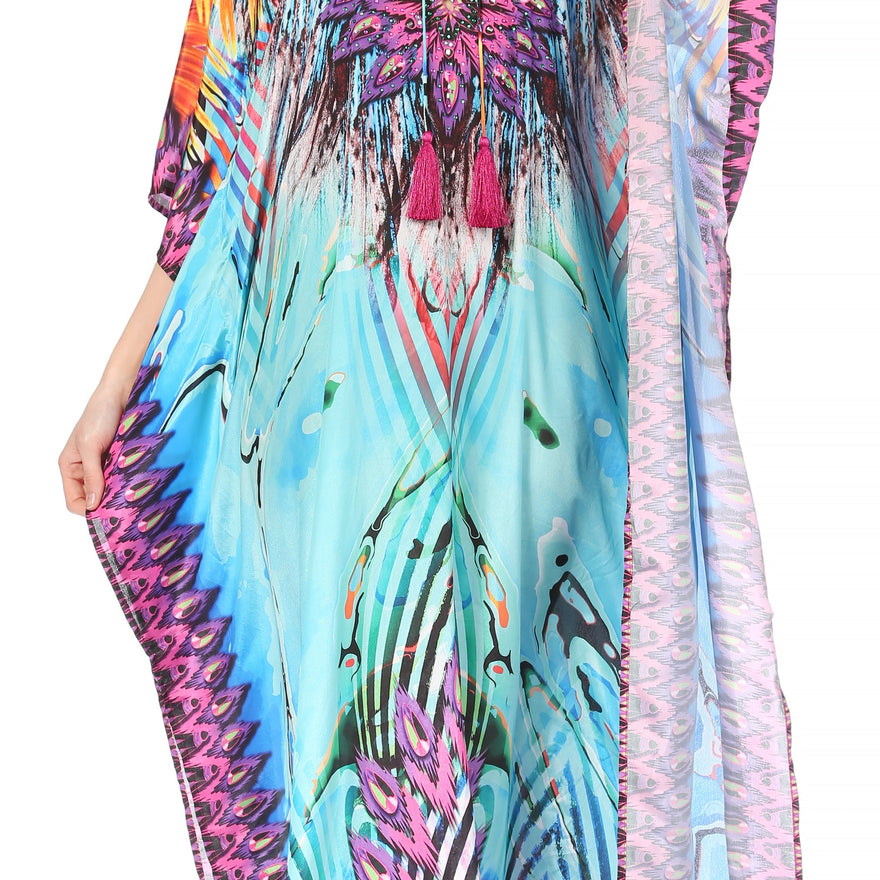 Georgettina Flowy Rhinestone V Neck Long Caftan Dress