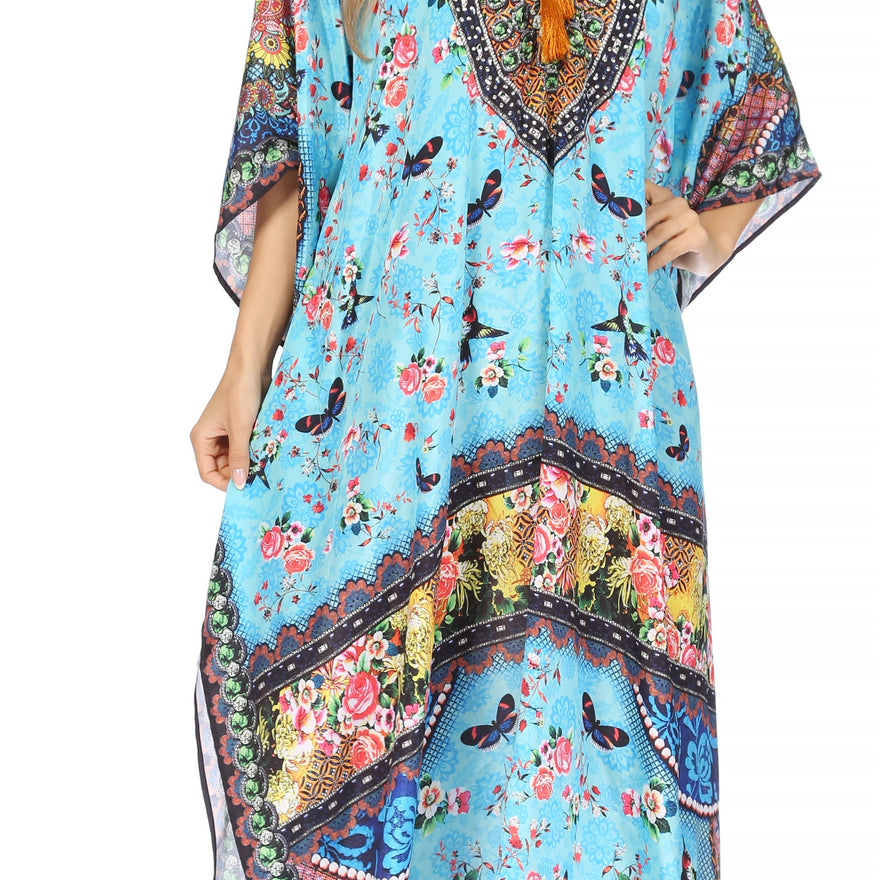 Georgettina Flowy Rhinestone V Neck Long Caftan Dress