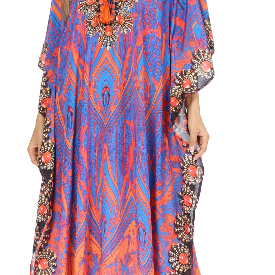 Georgettina Flowy Rhinestone V Neck Long Caftan Dress