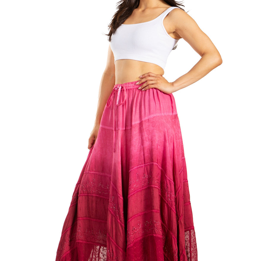 Lyra Womens Bohemian Soft Brocade Rayon Tiered Embroidered Flowy Long Skirt