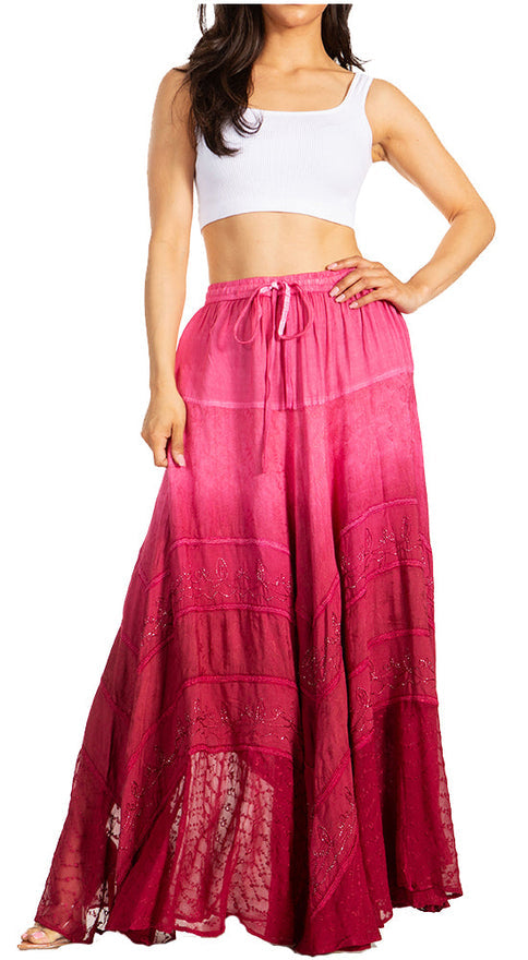 Lyra Womens Bohemian Soft Brocade Rayon Tiered Embroidered Flowy Long Skirt